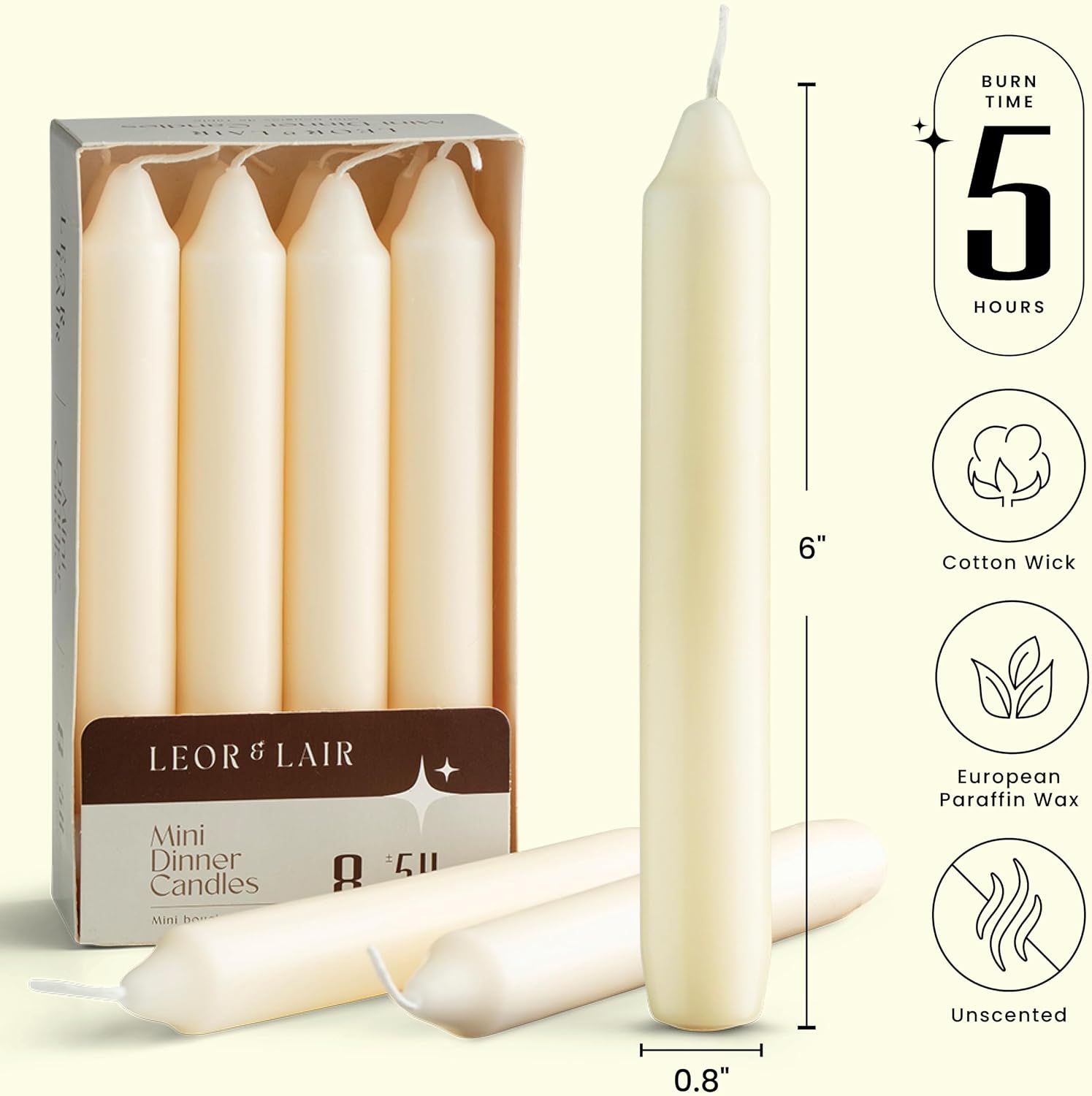Leor & Lair Ivory Candlesticks – Pack of 8 Small Candle Sticks – 6 Inch Taper Candles with Cotton Wick – 5 Hour Burn Cream Taper Candles for Events, Holiday & Home Décor