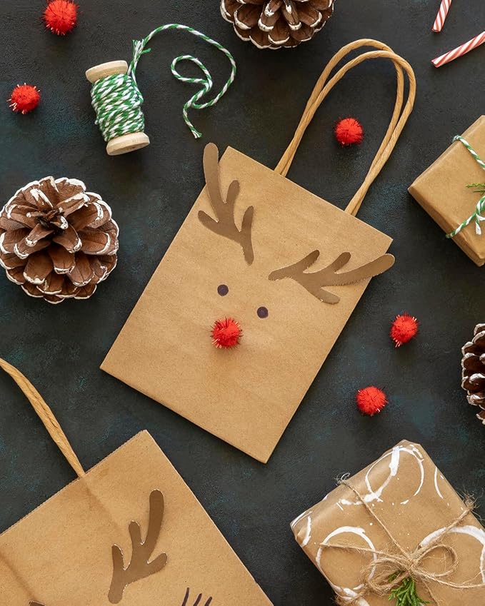 qiqee 50-Packs Brown Paper Gift Bags with Handles Bulk 4.5"x2.5"x6" Mini Size Party Favor Bags Multiple Uses