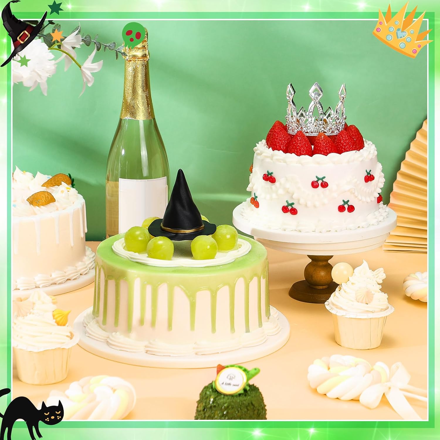 Reallnaive Witch Theme Party Cake Decoration Silver Crown Black Witch Hat Cake Topper Supplies for Movie Theme Party Princess Birthday Pink and Green Celebration Decoration(Rhombus Crown)