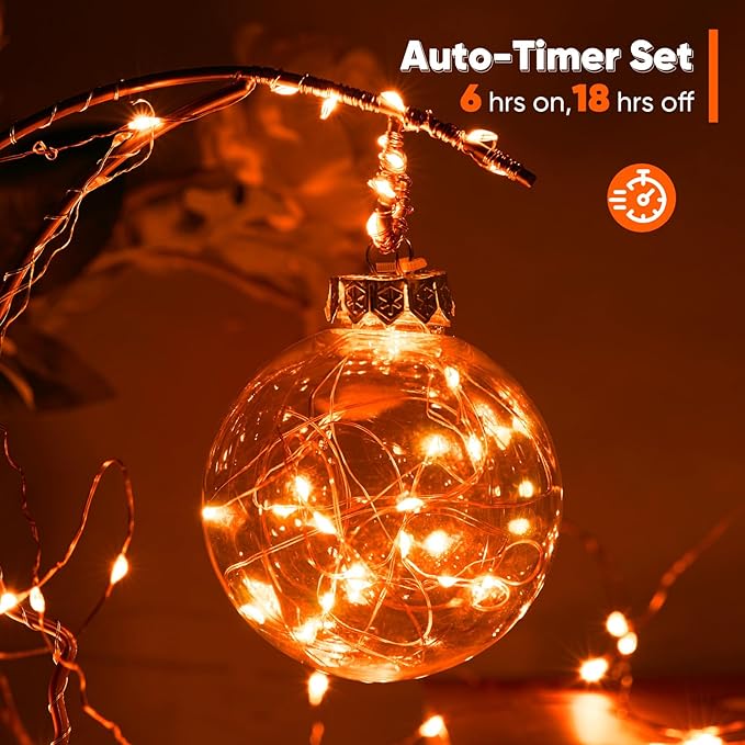 2 Pack 65.6 Ft. Battery Operated Outdoor String Lights with Remote & Timer, LED Orange Fairy Lights, Waterproof Twinkle Lights for Bedroom, Dorm, Mason Jar, Wedding, Party, Christmas