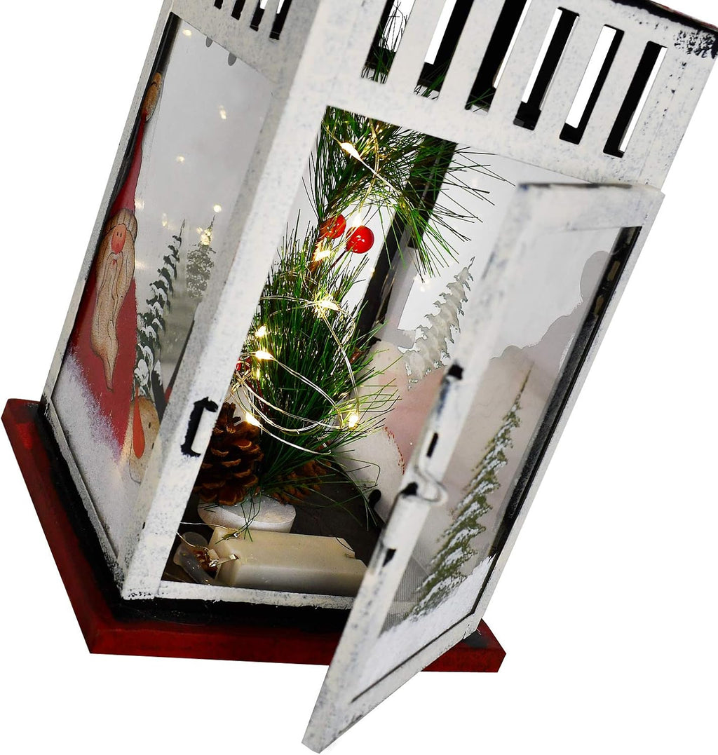 E-view Metal Christmas Lanterns with Led Lights - Snowman Decorative Hanging Lantern Indoor Outdoor Mini Xmas Home Decoration Iron Tabletop Centerpieces, Battery Operated (Not Included) (Santa B)