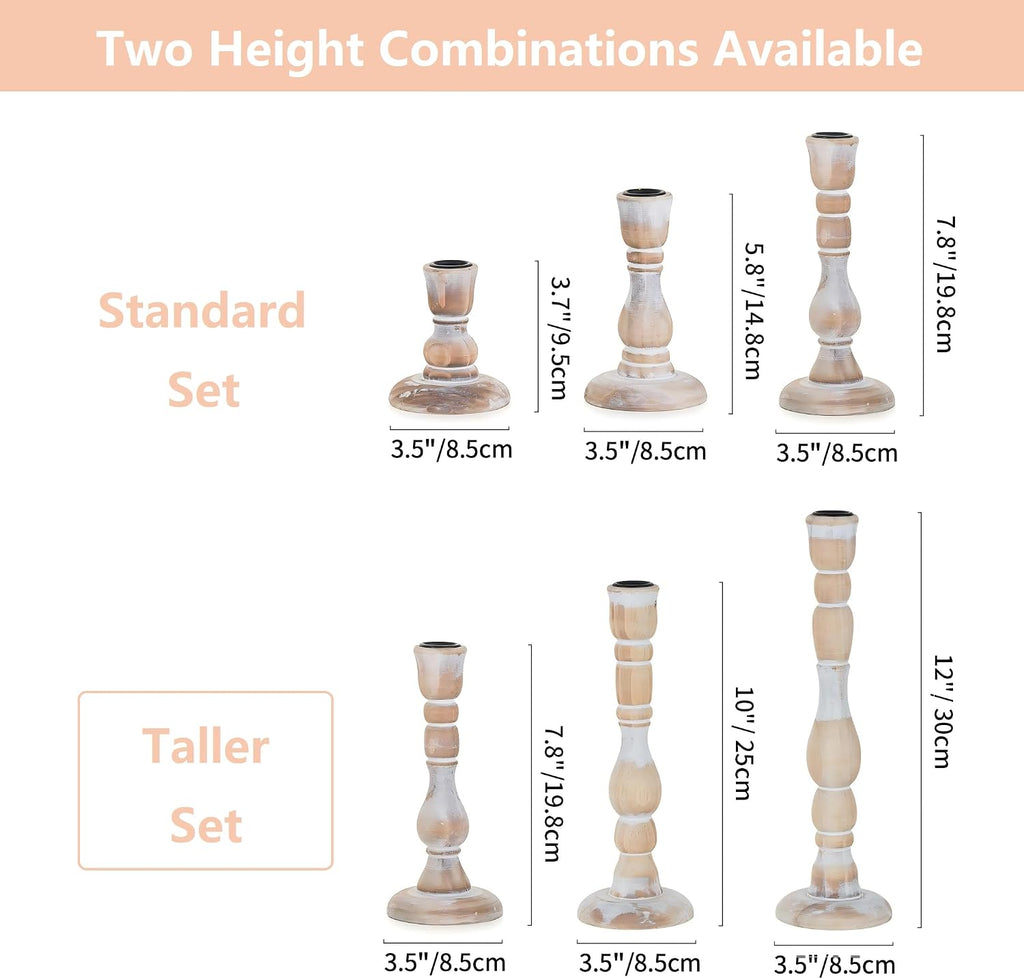 NUPTIO Tall Wooden Candle Stick Holders, Set of 3, Whitewashed | Vintage Farmhouse Boho Style, Rustic Wood Finish, Natural Solid Pine Wood, for Christmas Mantels, Gift Giving