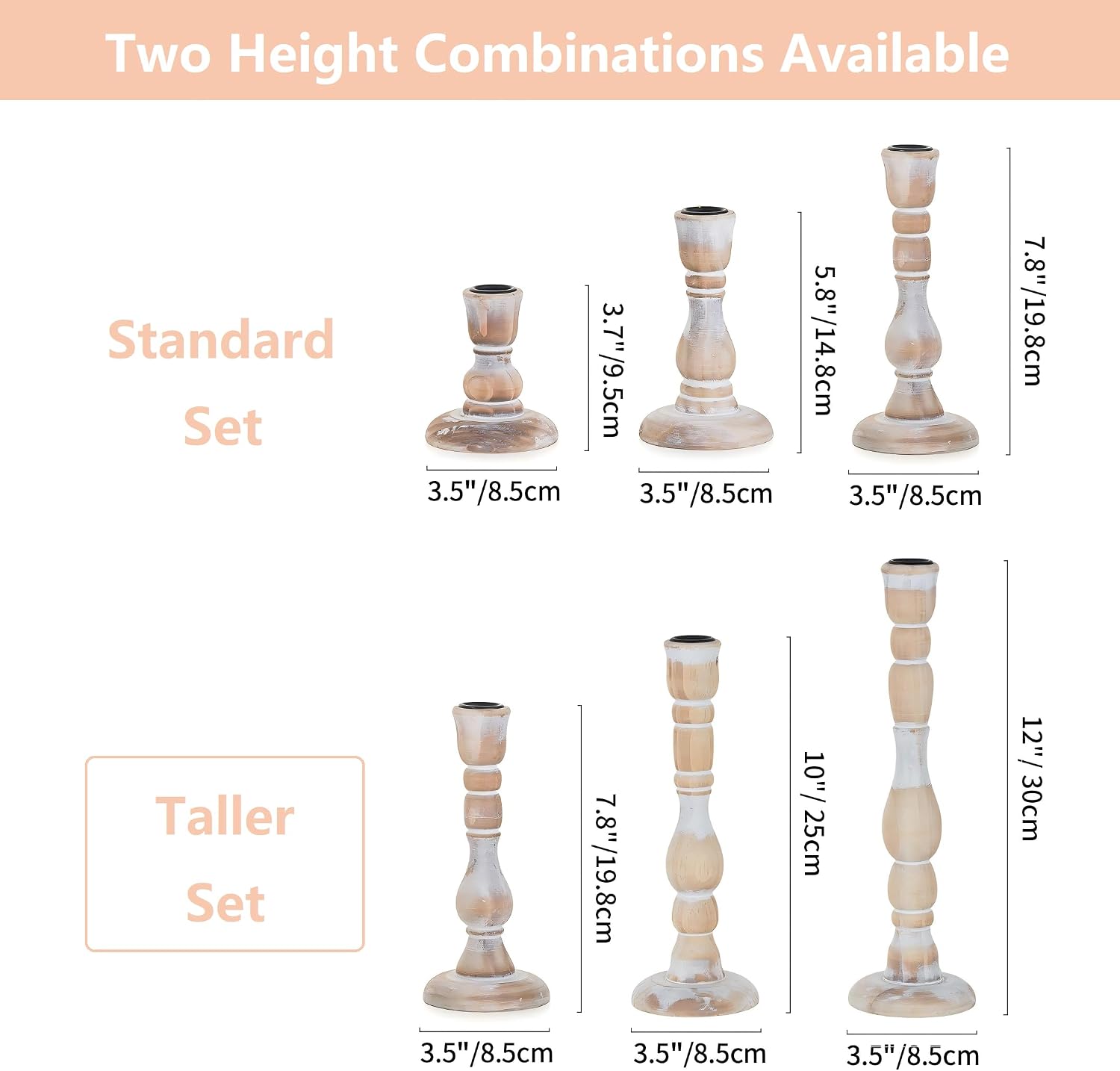 NUPTIO Tall Wooden Candle Stick Holders, Set of 3, Whitewashed | Vintage Farmhouse Boho Style, Rustic Wood Finish, Natural Solid Pine Wood, for Christmas Mantels, Gift Giving