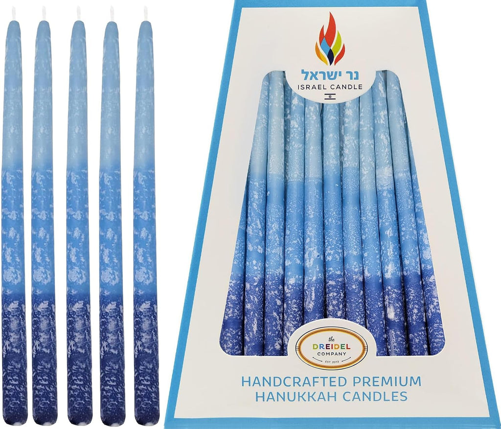 The Dreidel Company Hanukkah Candles Multi Blue Hued Frosted Deluxe Tapered Candles 1-Hour Burn Time 45 Candles for All Eight Nights of Chanukah