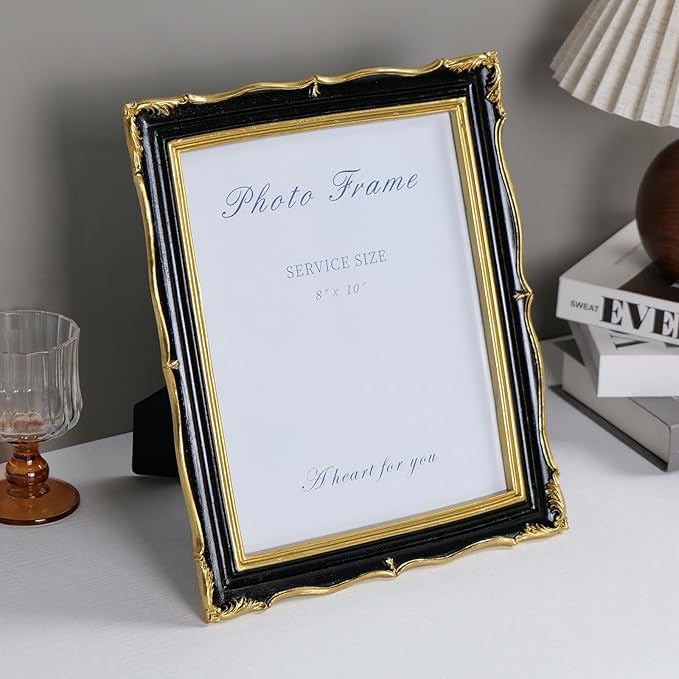 8x10 Black and Gold Picture Frame Vintage Frame, Ornate Textured Hand-Crafted Resin Photo Frames with Glass Front, 8 by 10 Decorative Picture Frame for Wall & Tabletop, Antique Frame Home Decor