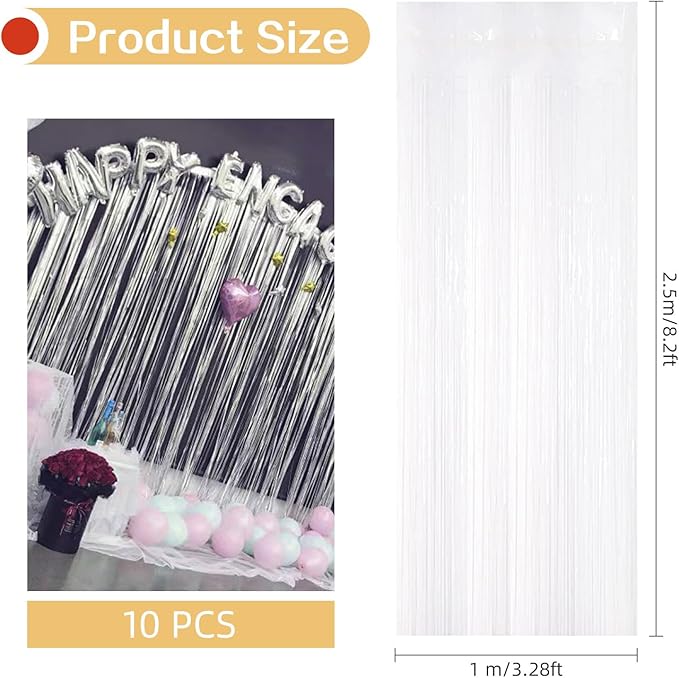 10 Pack White Backdrop Curtain 3.2ft x 8.2ft Metallic Tinsel Foil Fringe Curtains Photo Booth Background for Birthday Party Decoration Baby Shower Engagement Wedding Christmas Decoration (White)