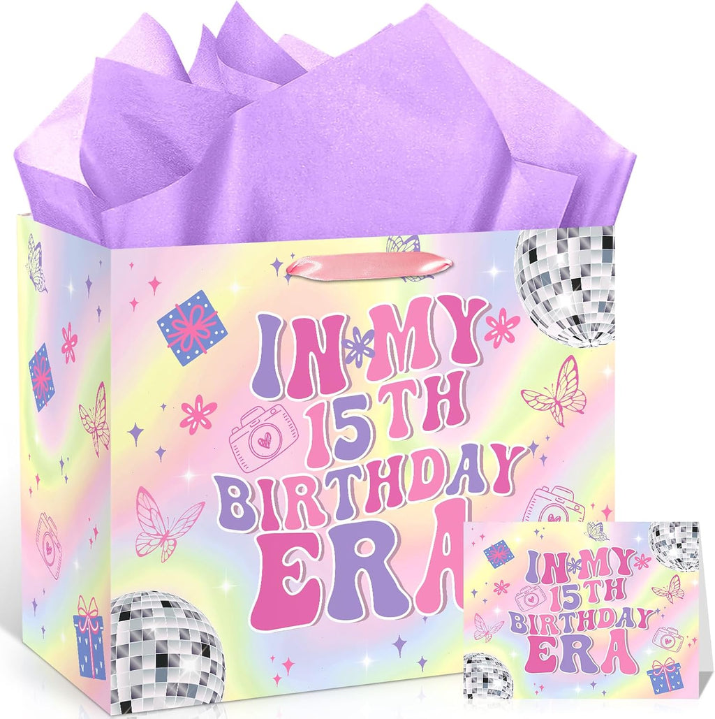 Large 15th Birthday Gift Bag for Girls Iridescent Fifteen Years Old Gift Bag with Purple Pink Wrapping Paper and Card In My 15th Birthday Era Party Decor for Girls 15 Year Old Bday Party Favor Supplies