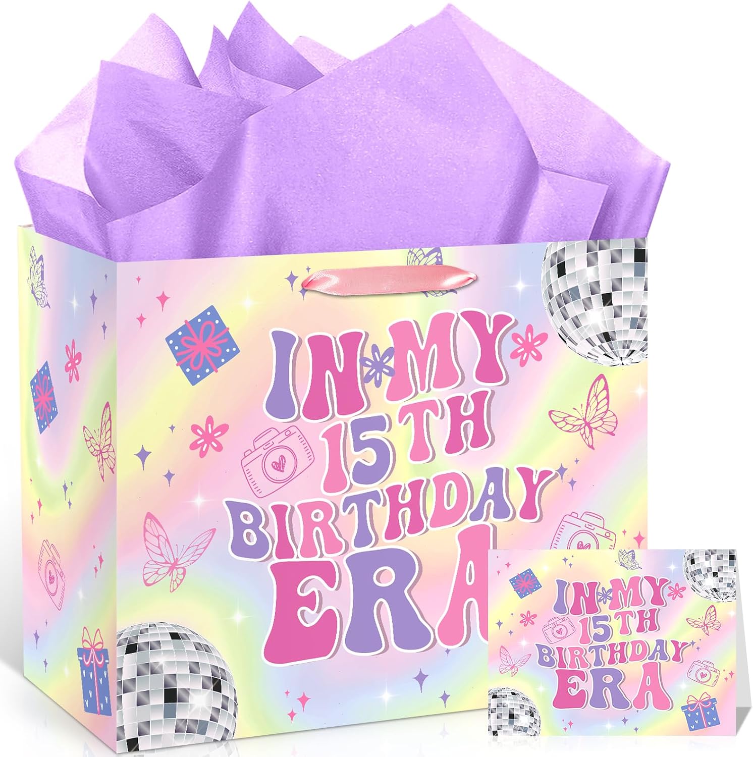Large 15th Birthday Gift Bag for Girls Iridescent Fifteen Years Old Gift Bag with Purple Pink Wrapping Paper and Card In My 15th Birthday Era Party Decor for Girls 15 Year Old Bday Party Favor Supplies