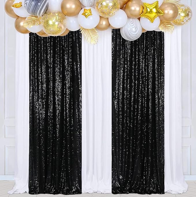 Poise3EHome Black Sequin Backdrop Curtains, 2 Panels 2FTx8FT Glitter Photo Booth Backdrop for Halloween Birthday Bachelorette Wednesday Twilight Party Decorations