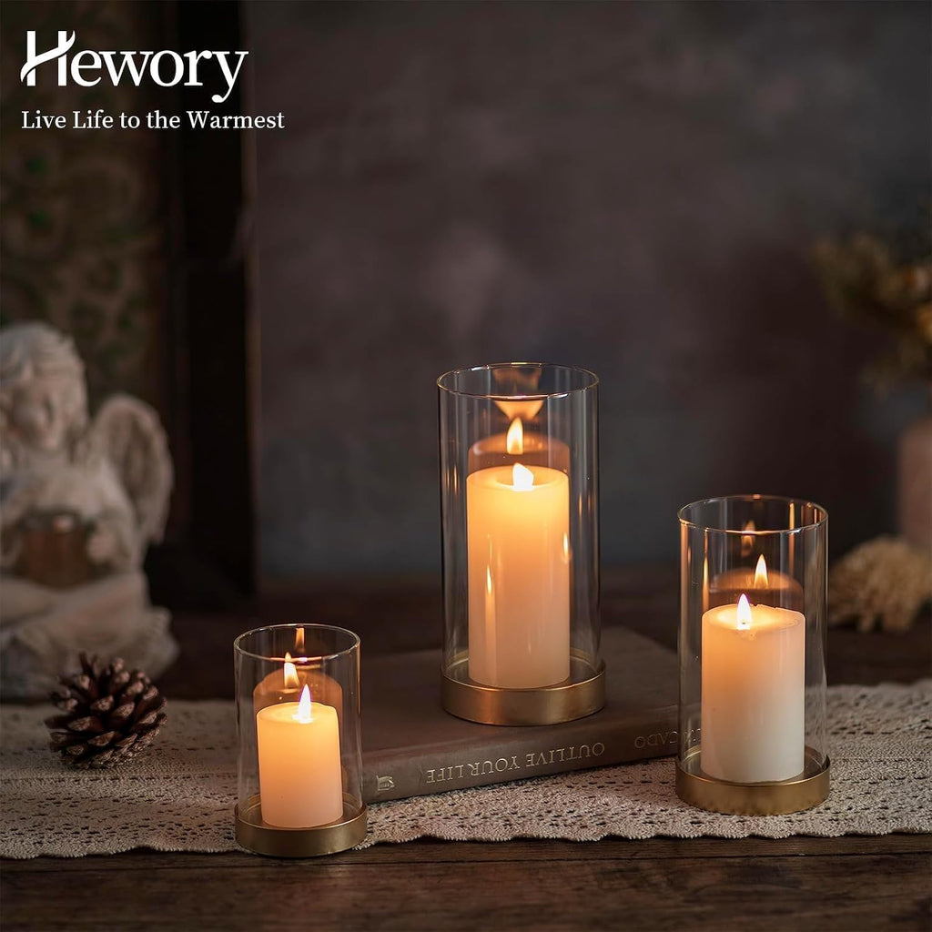 Hewory Hurricane Candle Holder for Pillar Candles: Gold Votive Candle Holders Set of 6, Glass Hurricane with Metal Candle Plate, Pillar Candle Holder for Table Centerpiece Wedding Holiday Home Decor
