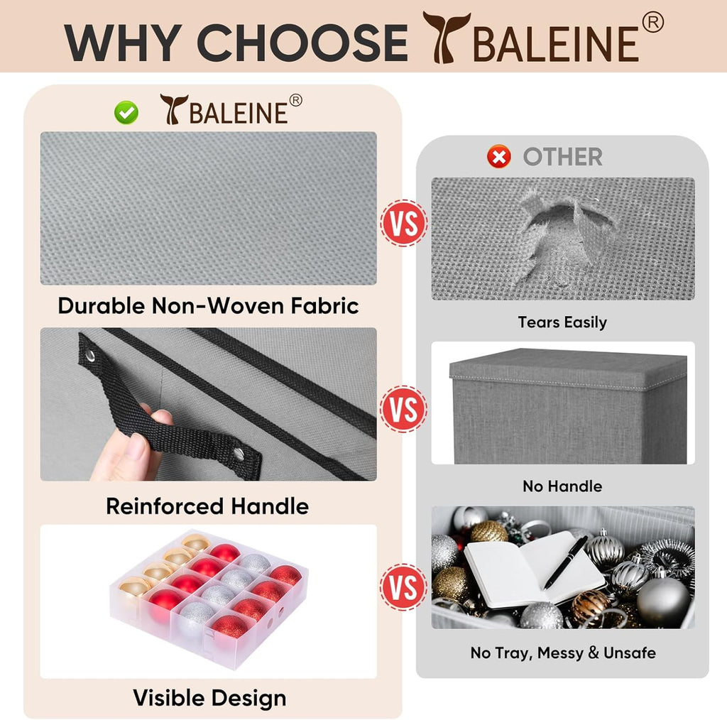 BALEINE Christmas Ornament Storage Box with Dividers, Premium Holiday Ornaments Storage Container Bin for Xmas Decorations (128 Ball, Grey, Hard)