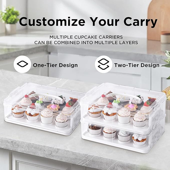 Two Tier Cupcake Carrier, White Stackable Cupcake Holder Carries for 24 Standard-Size Cupcakes, Reusable Detachable Cupcake Box
