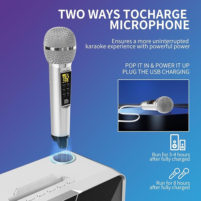 Karaoke Machine for Adults and Kids with 2 UHF Wireless Microphones,Portable Bluetooth Speaker PA Speaker System with LED Party Lights for Home Party, Picnic,Car,Outdoor/Indoor/Birthday Gifts