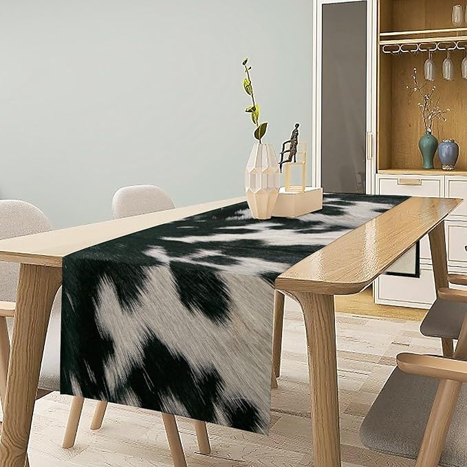 Cow Skin Print Table Runner, Rustic Country Farm Fur Skin Cowhide Pattern Western Style Black White Print Table Runner for Home Kitchen Dinning, 13x108 Inch