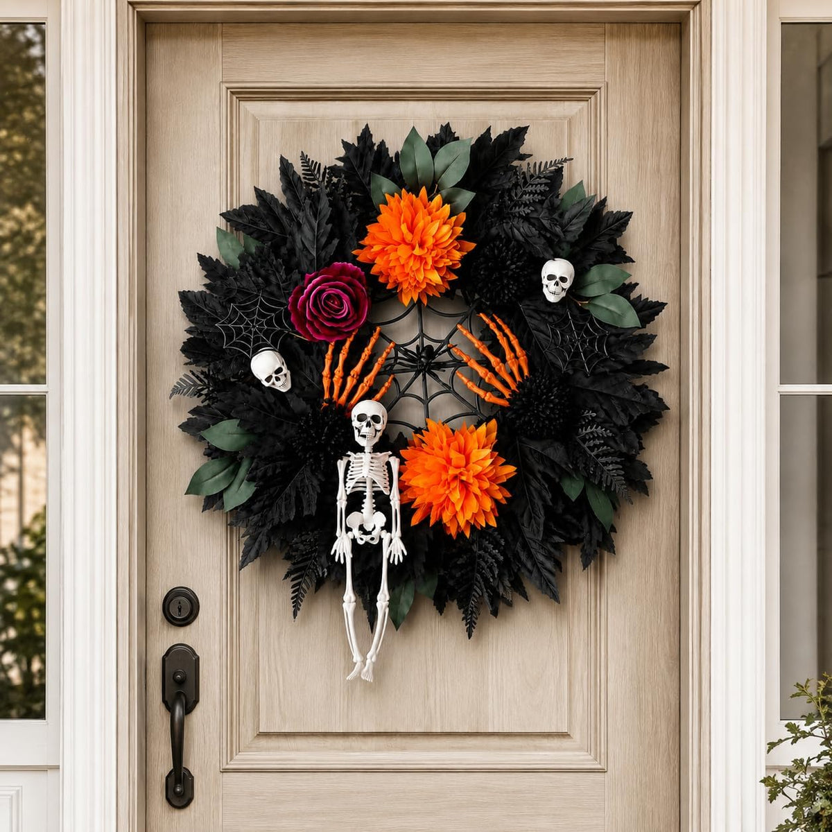 24in halloween wreath for front door, black pumpkin, main product view