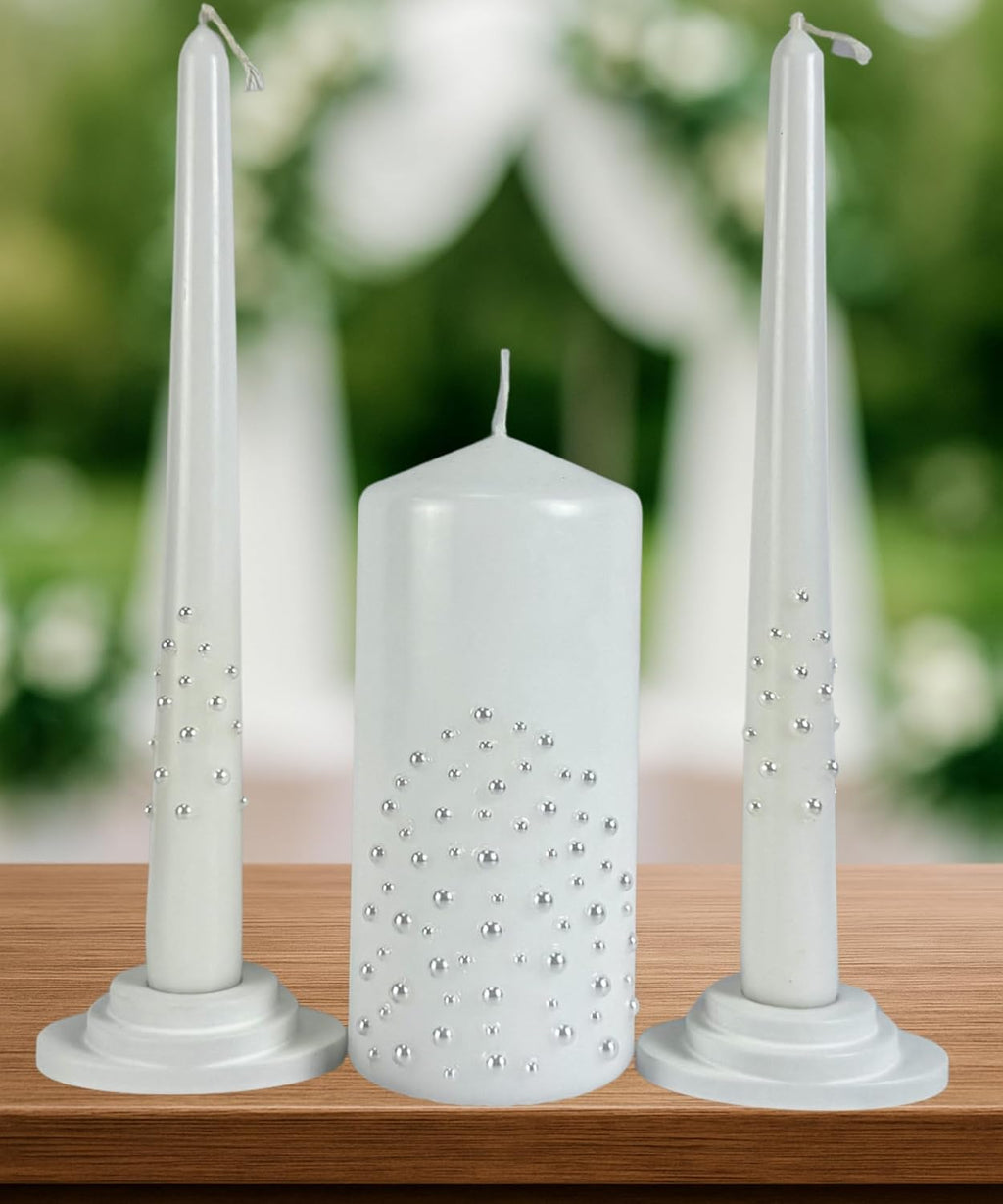 Unity Candle Set - Wedding Ceremony & Reception – 6” Pillar & Two 10” Taper Candles – Long Burning Unity Candles for Marriage Ritual – Handmade in USA – White| Pearls