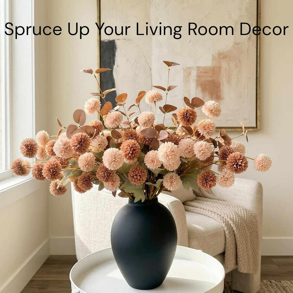 artificial beige & brown kiku flowers with eucalyptus, close-up detail