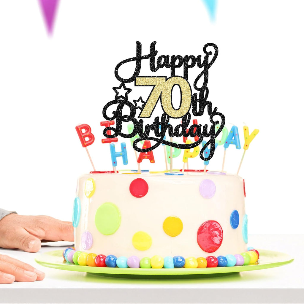 1Pc Happy 70th Birthday Cake Topper Glitter Cheers to 70 Years Cake Topper 70 Fabulous Cake Decoration for Happy 70th Birthday Anniversary Party Cake Decorations Supplies Black Gold