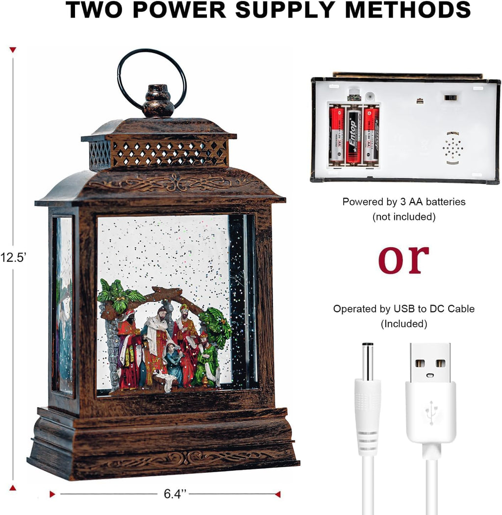 Christmas Snow Globe Lantern Water Nativity Scene & Manger Scene with Music & Timer, USB Lined/Battery Operated Lighted Lantern for Christmas Festival Decoration Gifts