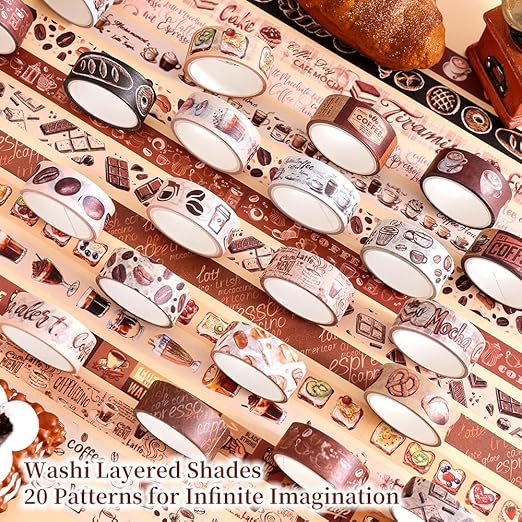 20 Rolls Coffee Theme Washi Tape Set, Writable Decorative Tapes for Scrapbooking, Bible Journaling, Bullet Journaling, 0.6"x79" per Roll