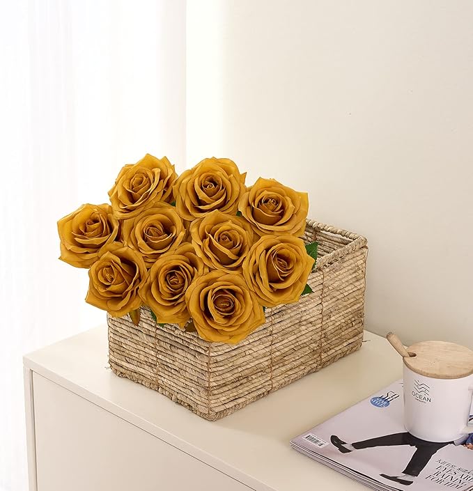 Artificial Rose 10pcs Open Flower Bouquet Faux Rose Stems for Wedding Arrangement, Bridal Bouquet, Centerpiece, Fake Faux Silk Flowers (Mustard Yellow)