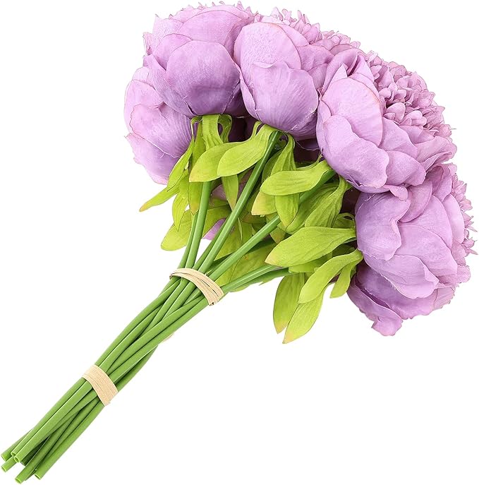 U'Artlines Artificial Peony Silk Flower with Stems 10pcs Real Look Vintage Peonies for Home Wedding Decoration (Purple)
