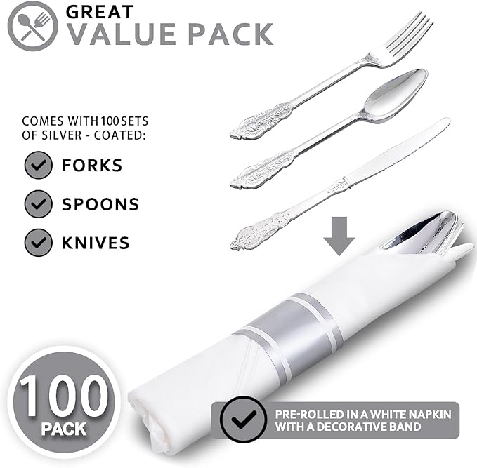 400PCS Pre Rolled Silver Plastic Silverware Sets - Heavy Duty Fancy Silver Cutlery - Include 100 Pack Wrapped Disposable Utensils with Napkins for Parties, Dinners & Weddings