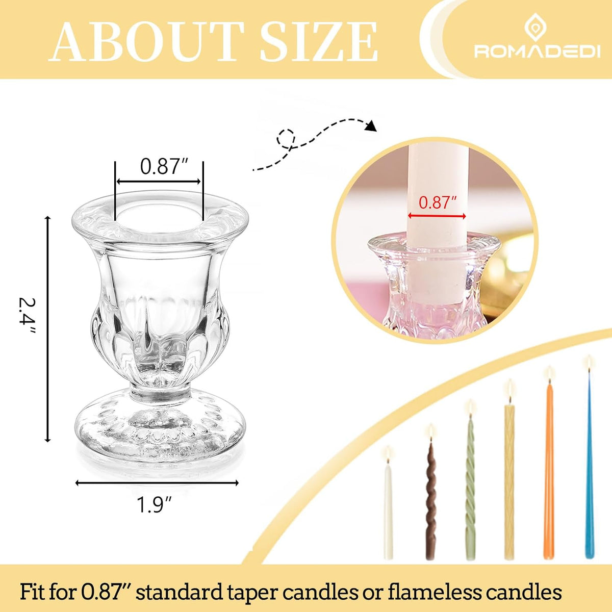 Romadedi Glass Taper Candle Holders, Clear, Pack of 20
