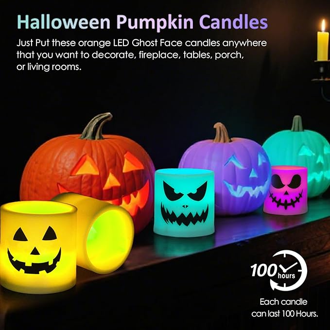 Halloween Flameless Candles - 3 Pack Colored Battery Operated Pumpkin Ghost Face Candles,LED Muti Color Grimace Night Light,Scary Halloween Decor,Fall Table Centerpieces, Spooky Home, Day of The Dead