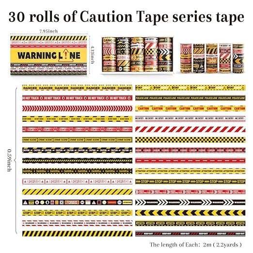 30 Rolls Warning line Theme Washi Tape Set, Writable Decorative Tapes for Scrapbooking, Bible Journaling, Bullet Journaling, 0.6"x79" per Roll