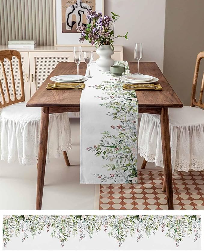 Botanical Eucalyptus Cotton Linen Table Runner for Dining Kitchen, Wedding Outdoor Party Tablerunners Decoration, Sage Green Leaves Elegant Floral Dresser Scarf Coffee Tablecloth Runners 13x108 Inches