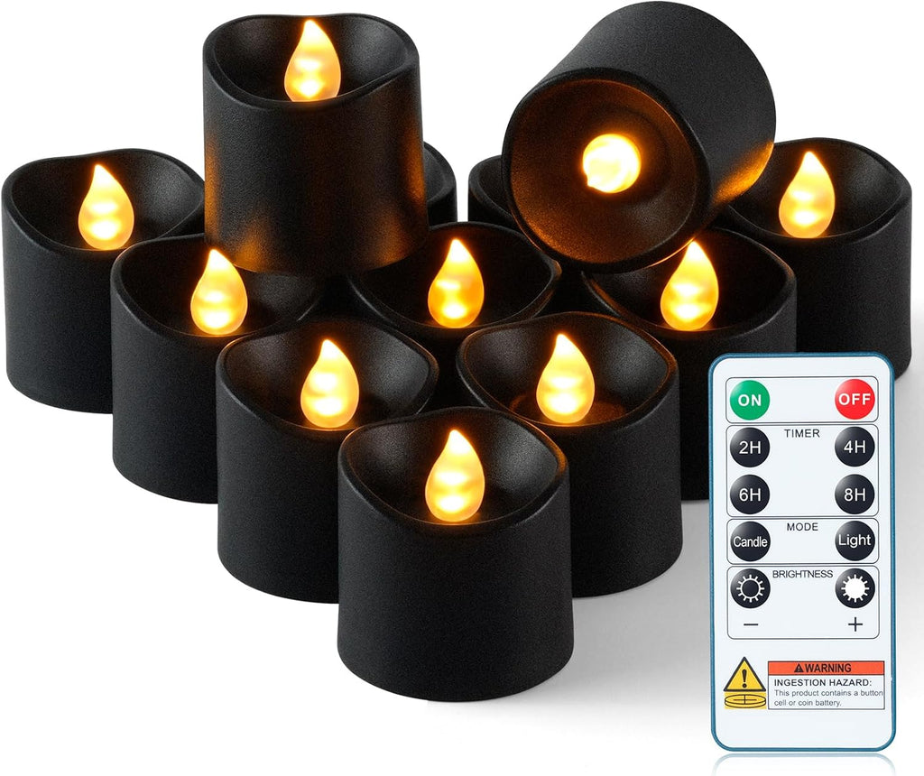 Homemory 12Pack 400+Hour Remote Control Flameless Candles, 2/4/6/8H Timer Led Votive Candles, Battery Operated Tea Lights for Wedding Table Centerpiece, Holidays, Halloween Pumpkins-Black Base