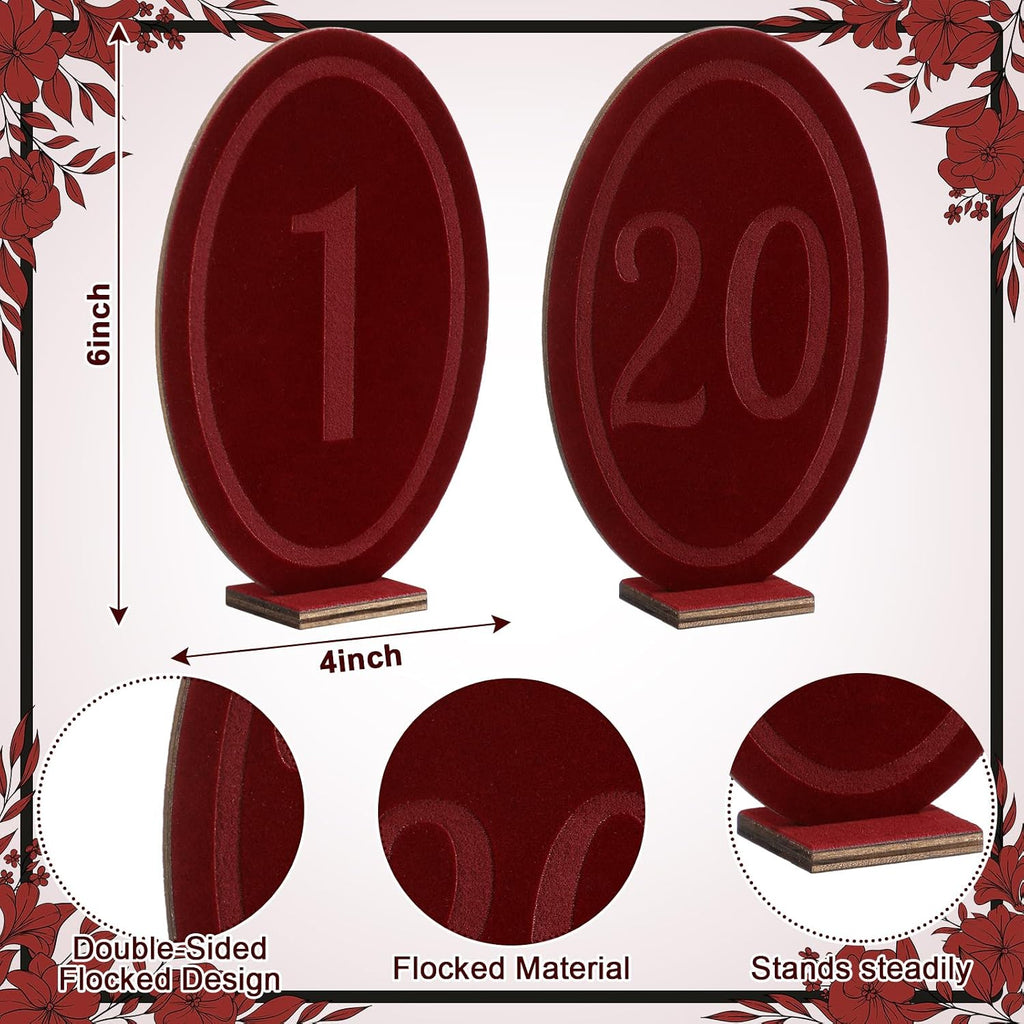 Yookeer Wedding Velvet Table Numbers 1-20 Wood Wedding Bar Sign with Stand Burgundy Oval Table Numbers for Reception Wooden Tables Markers for Anniversary, Event, Party