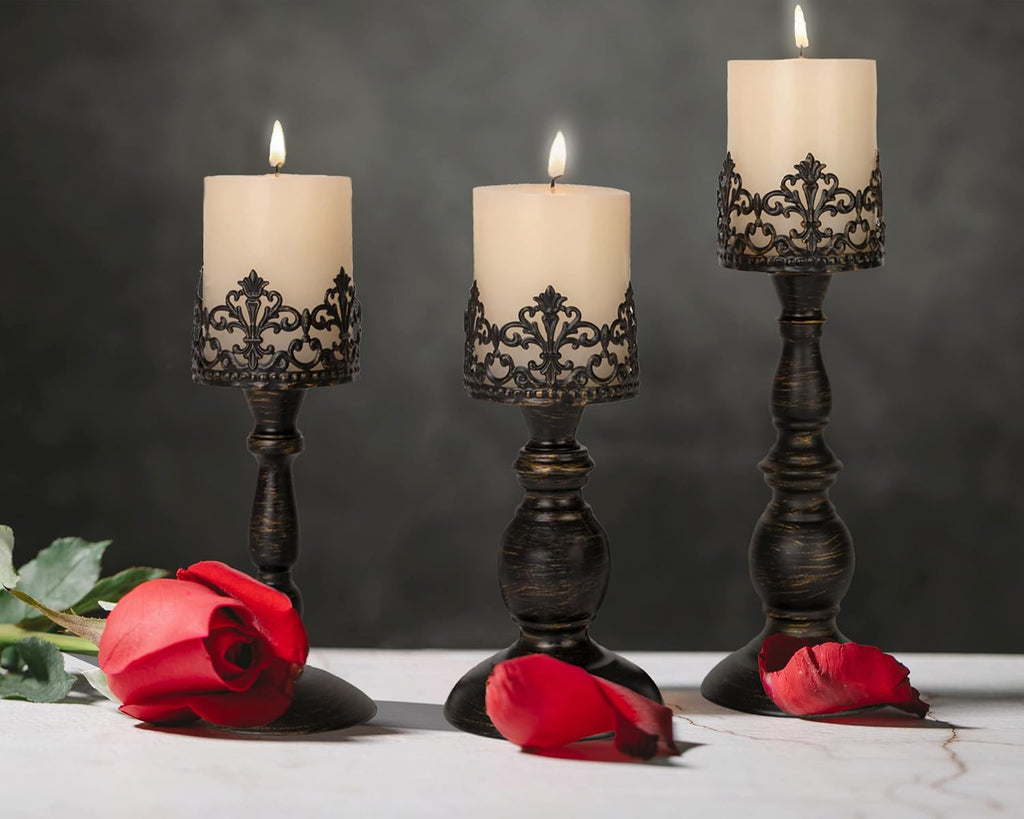 BANOMII Distressed Black Candle Holders for Pillar Candles Set of 3, Vintage Crown Candle Stands for Table Centerpiece Decor, Tall Antique Metal Candle Holder Set for Fireplace Decoration, Ideal Gift
