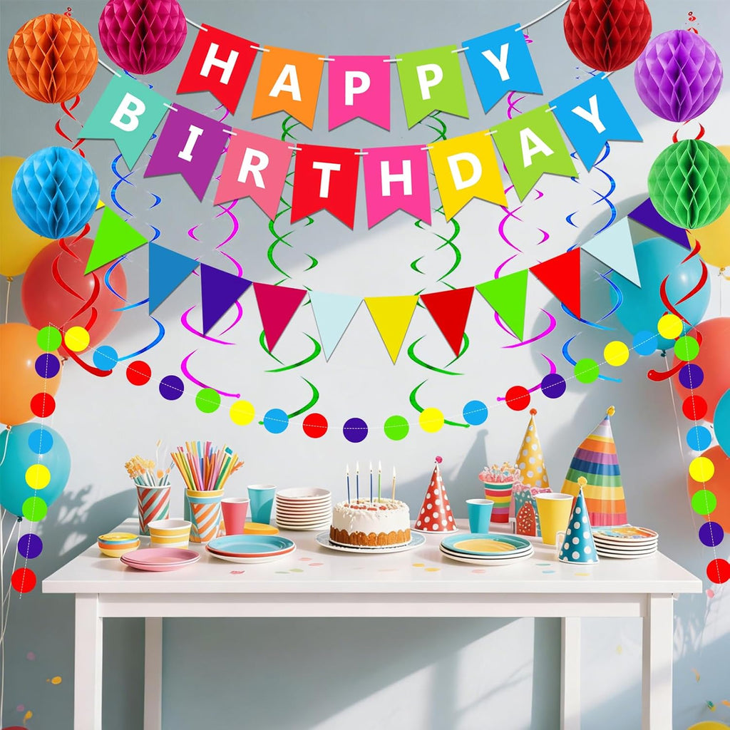 Fecedy Happy Birthday Banner With Colorful Paper Flag Bunting Paper Circle Confetti Garland Swirl Streamers Honeycomb ball for Birthday Party Decorations
