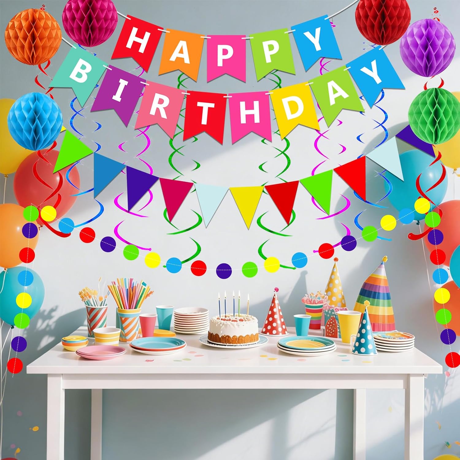 Fecedy Happy Birthday Banner With Colorful Paper Flag Bunting Paper Circle Confetti Garland Swirl Streamers Honeycomb ball for Birthday Party Decorations