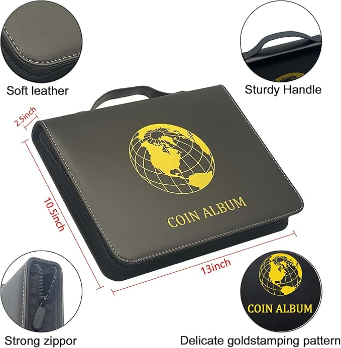 Fireproof Coin Currency Collection Album Book for Collectors, 360 Pockets and 15 Sleeves Paper Money Collecting Album for Coin Currency Collection Supplies, Stamp, Bill