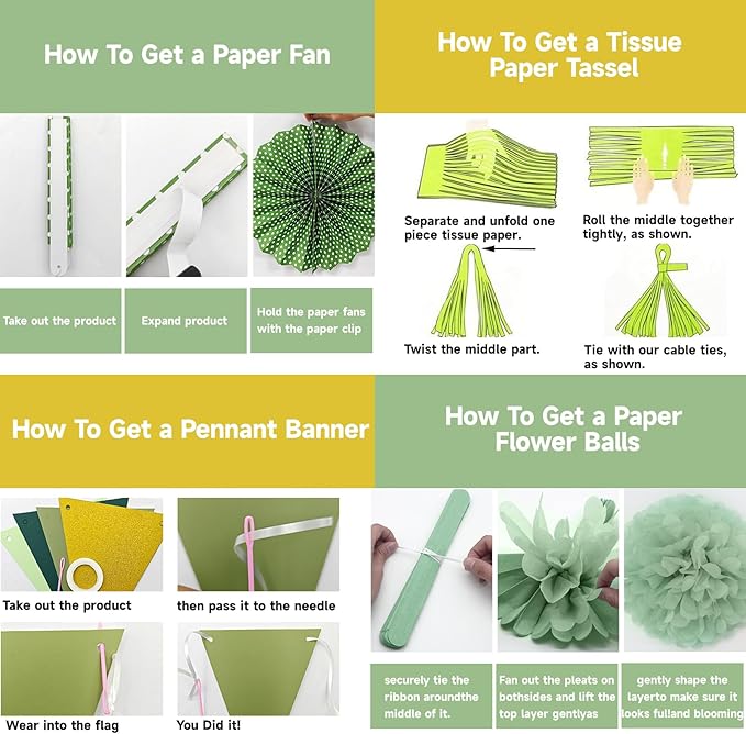 Paper Fans Party Decorations Glitter Green Gold Paper Triangle Flag Banner Tassel Garland Circle Banners Party Supplies for Bachelorette, Birthday, Bridal Shower Birthday Wedding Bachelorette