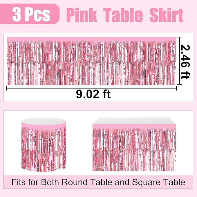 3 Pack 29 x108 Inch Pink Foil Fringe Table Skirts Metallic Banner for Tinsel Streamer Garland Backdrop for Parade Floats Wedding Thanksgiving Birthday Christmas Halloween New Year Party Decoration