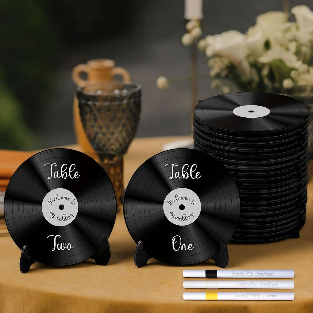 Novabright 20 Pcs Vinyl Record Wood Wedding Table Numbers with Easel Stand Retro Music Wedding Party Decorations for Reception DIY Doodle Fake Records Table Signs with 3 Markers for Souvenir Gifts