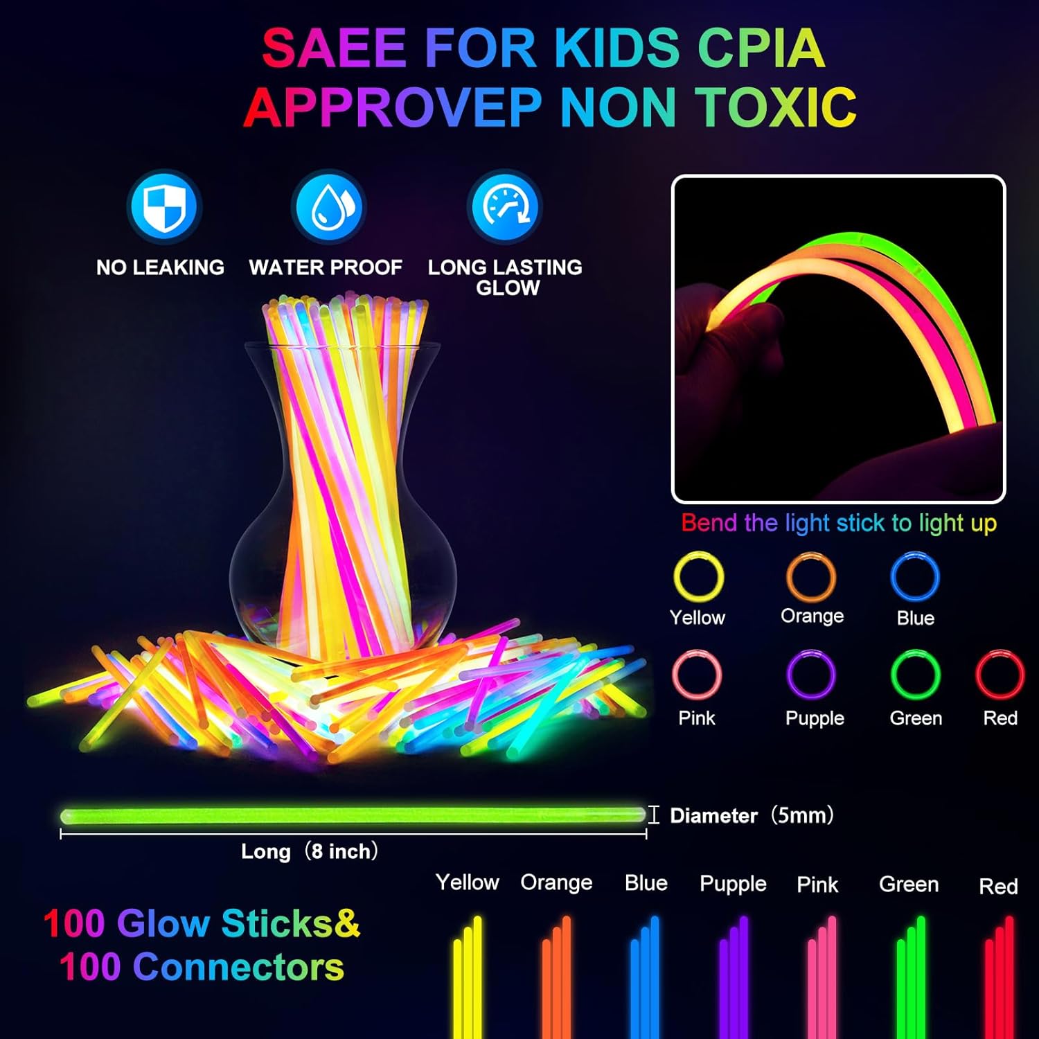 OLUPP 150 PCS Glow in the Dark Party Supplies, 16 Foam Sticks, 16 LED Glasses, 100 Glow Sticks and 18 Finger Lights for Neon Party, 4th of July, Wedding, Birthday, Concert, New Year, Carnivals, Raves