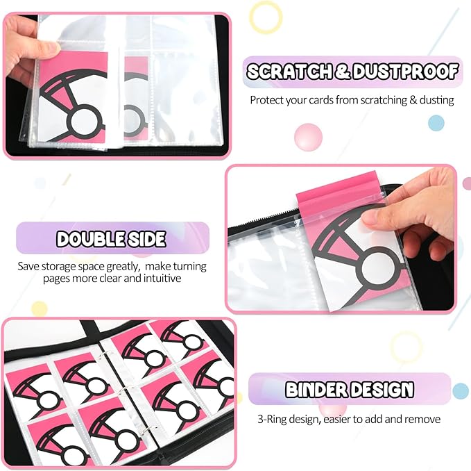 Trading Card Binder 4-Pockets, 400 Pockets Card Holder with 50 Removable Sleeves, Large Capacity & Waterproof Zipper Album Holder for Trading Card Collector，Portable Card Album Book for Card-Pink
