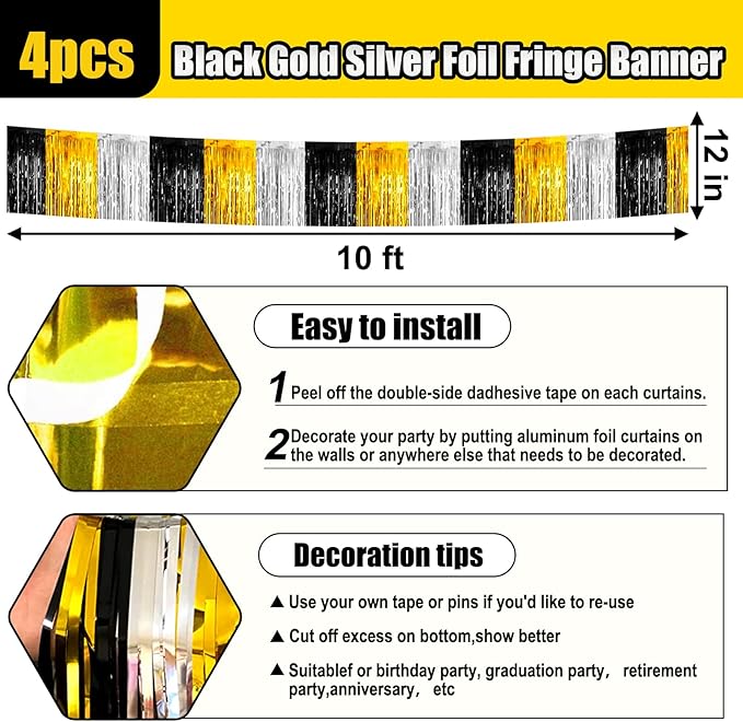 4 Pack 10 Feet Black Gold Silver Foil Fringe Garland Metallic Tinsel Streamers Banner Wall Hanging Curtain Backdrop for Parade Floats, Wedding, Graduate, Mother's Day, Birthday Party Decoration