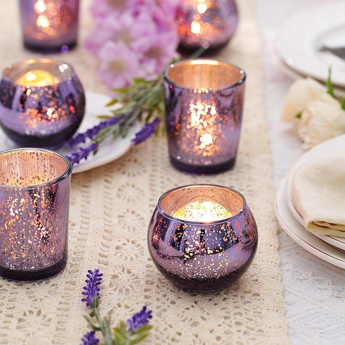 LETINE Purple Mercury Glass Votive Candle Holders - Set of 36 | Elegant Gold Tealight Candle Holders for Table Centerpieces, Weddings, Rehearsal Dinners, Halloween & Thanksgiving Decorations Indoor