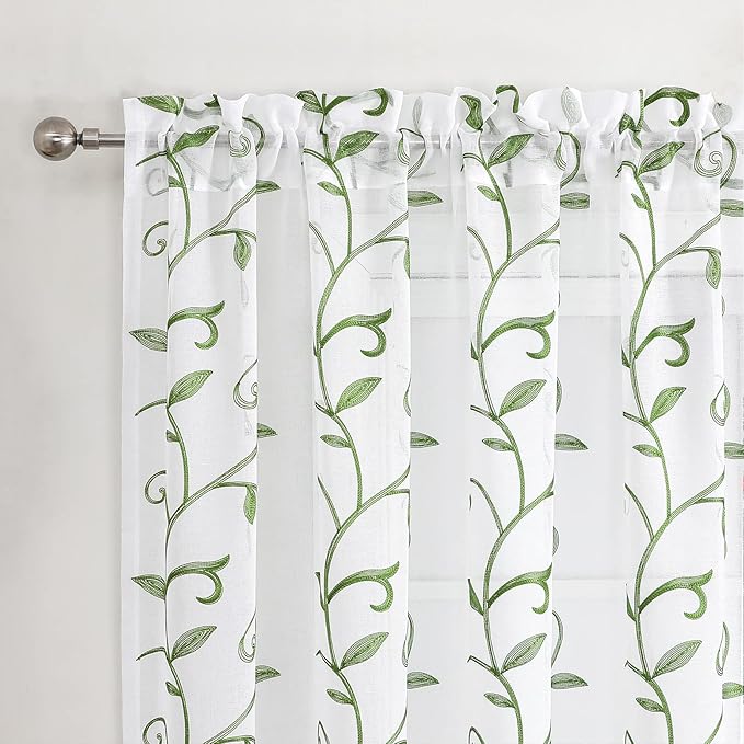 VISIONTEX Embroidered Green Sheer Voile Curtains, Leaves Embroidery Faux Linen Rod Pocket Window Drapes for Living Room and Girls Bedroom 54 x 63 Inch, Set of 2 Curtain Panels