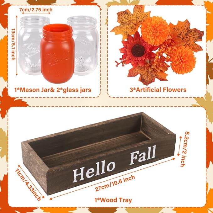 DIYDEC 3PCS Fall Mason Jars 3 * 5Inch Lighting Painted Thanksgiving Tiered Tray Decorative Jars with Wood Tray &Artificial Flowers Wishing Bottles for Autumn Holiday Home Table Centerpiece Decor Gift