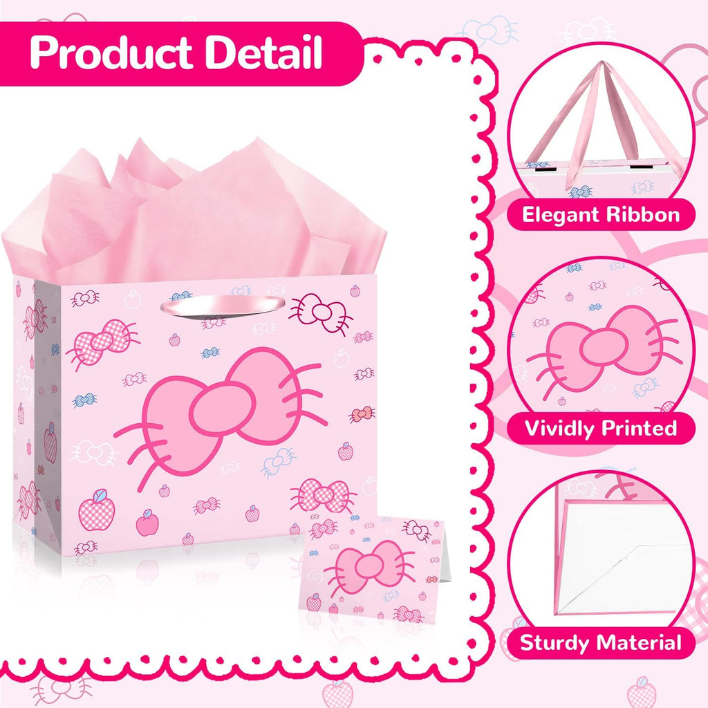 Cut-Nic 12" Pink Bow Gift Bag for Girl, Cartoon Birthday Gift Bag with Cute Greeting Card and Tissue Paper for Birthday, Wedding, Bridal Shower, Baby Shower Party Supplies