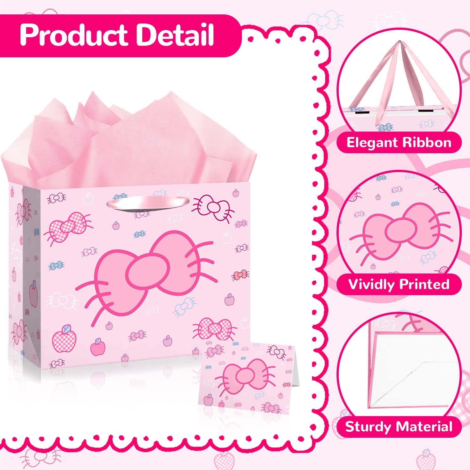 Cut-Nic 12" Pink Bow Gift Bag for Girl, Cartoon Birthday Gift Bag with Cute Greeting Card and Tissue Paper for Birthday, Wedding, Bridal Shower, Baby Shower Party Supplies