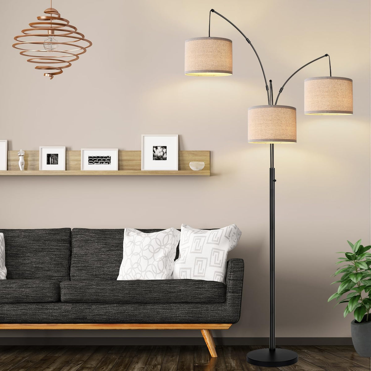 dimmable 3 lights floor lamp - 3000lm super, front angle view
