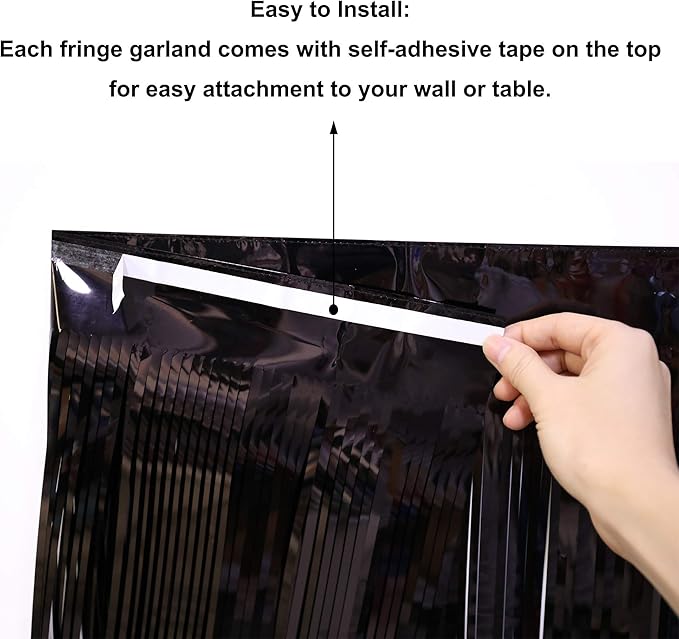 Thick 10 Feet by 15 Inch Black Foil Fringe Garland - Pack of 3 - Shiny Metallic Tinsel Banner for Parade Floats, Easter Day, Halloween, Christmas | Wall Hanging Drapes (3)